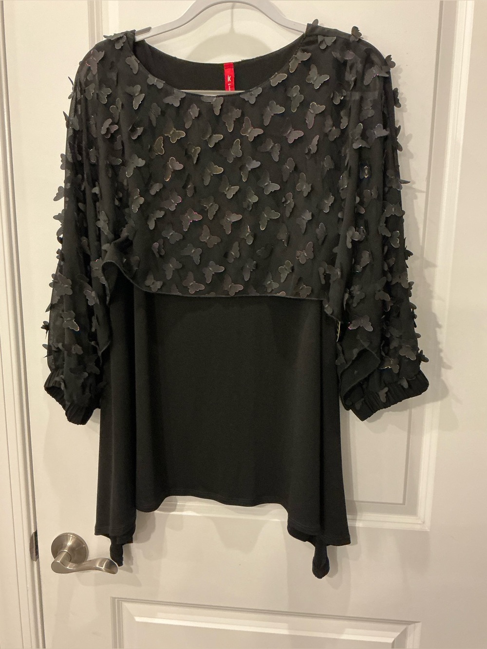 Black Butterfly-Appliqué Layered Tunic Top